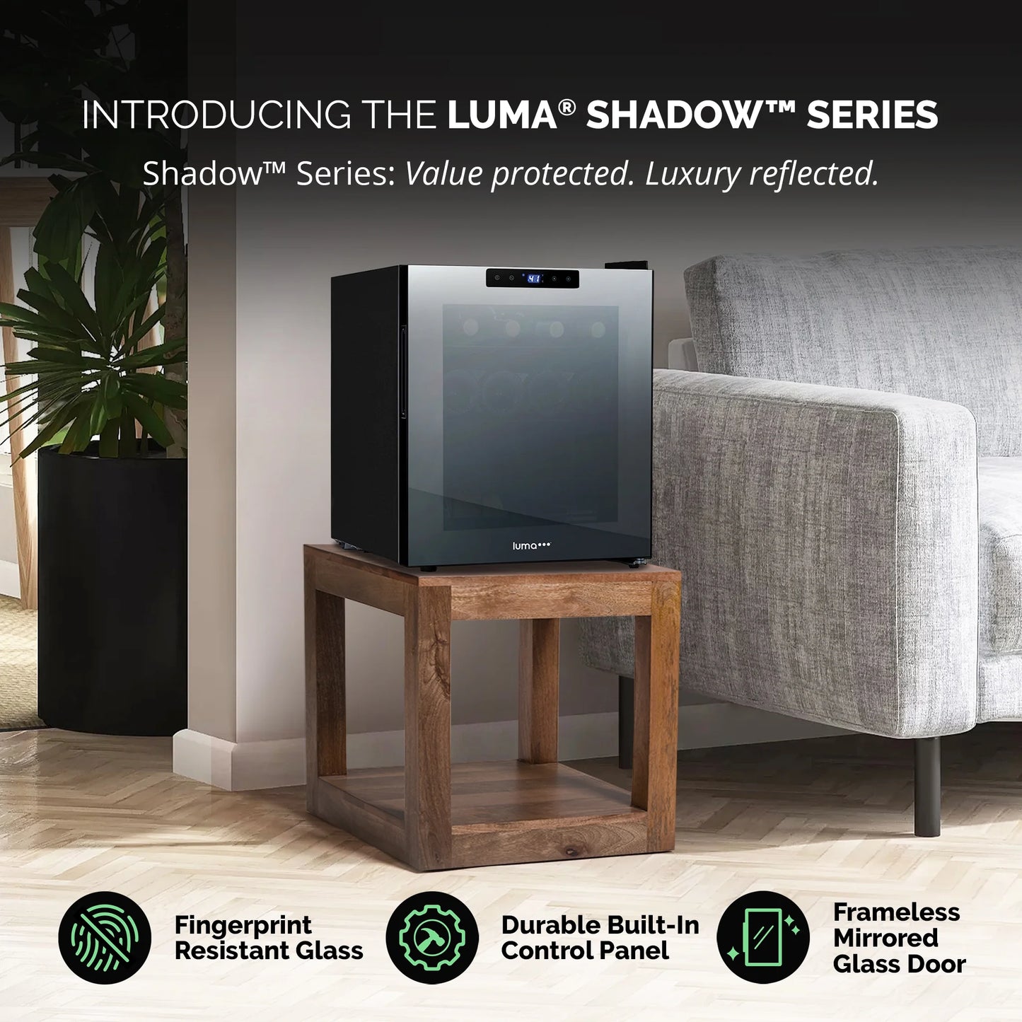 Luma Shadow Series Wine Cooler Refrigerator 16 Bottle, Freestanding Mirrored Wine Fridge with Double-Layer Tempered Glass Door & Compressor Cooling for Reds, Whites, and Sparkling Wine