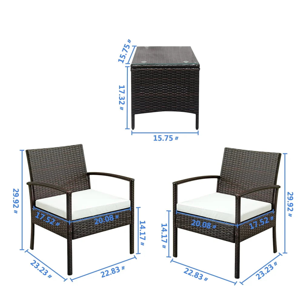 Zimtown 3 Pieces Patio Wicker Furniture, Outdoor Rattan Chat Set with Glass Table and Wicker Chairs, Brown Gradient