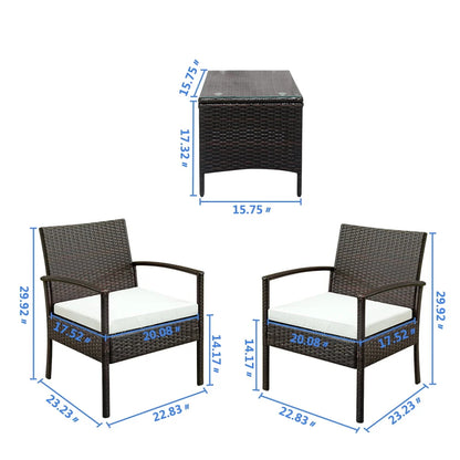 Zimtown 3 Pieces Patio Wicker Furniture, Outdoor Rattan Chat Set with Glass Table and Wicker Chairs, Brown Gradient