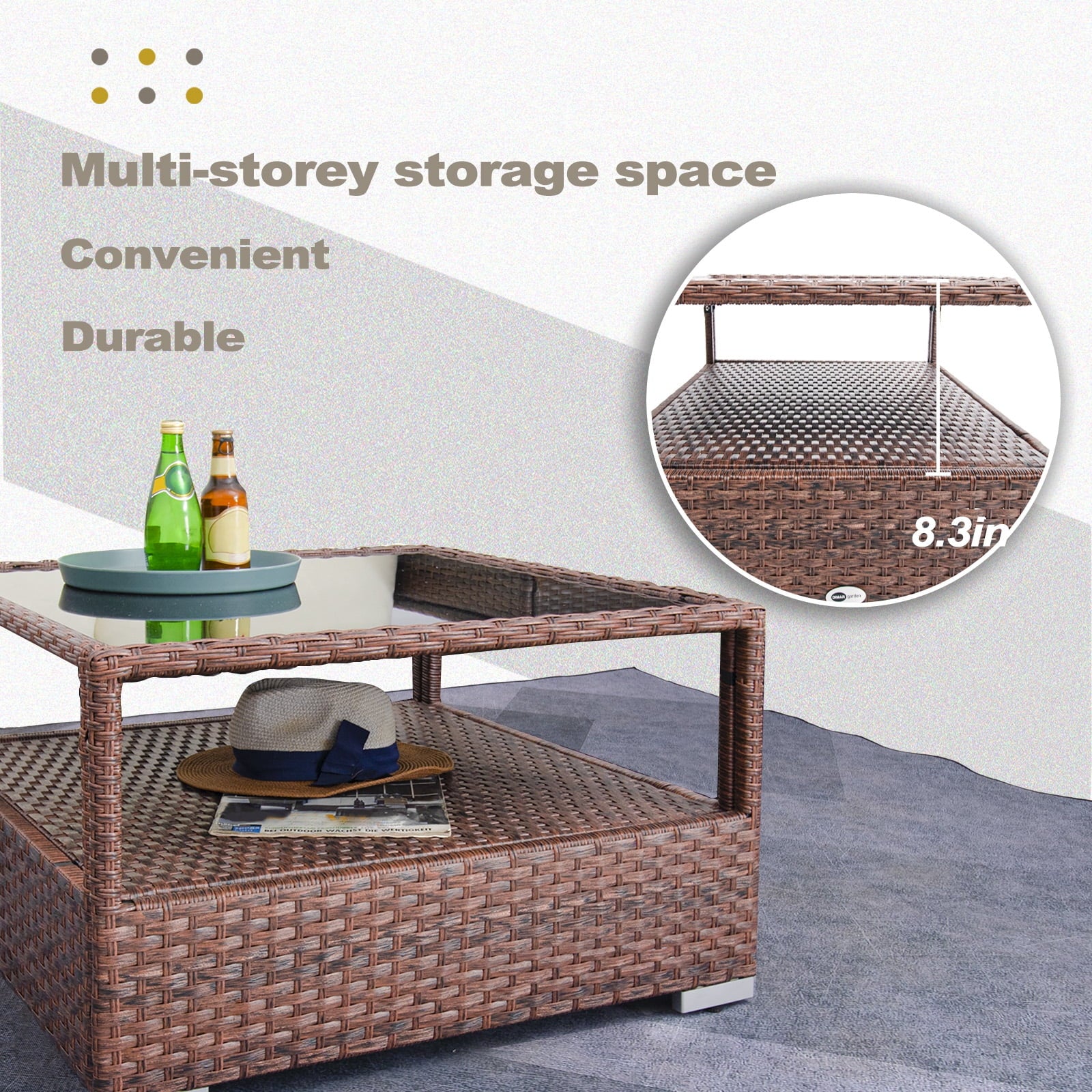 DIMAR GARDEN Outdoor Wicker Coffee Table with Glass top and Storage, Mixed Brown