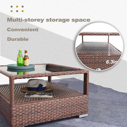 DIMAR GARDEN Outdoor Wicker Coffee Table with Glass top and Storage, Mixed Brown