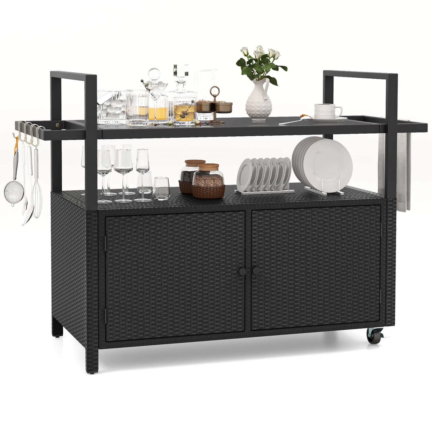 Costway Outdoor Bar Cart with Tempered Glass Top Storage Cabinet & 8 Hooks for Porch