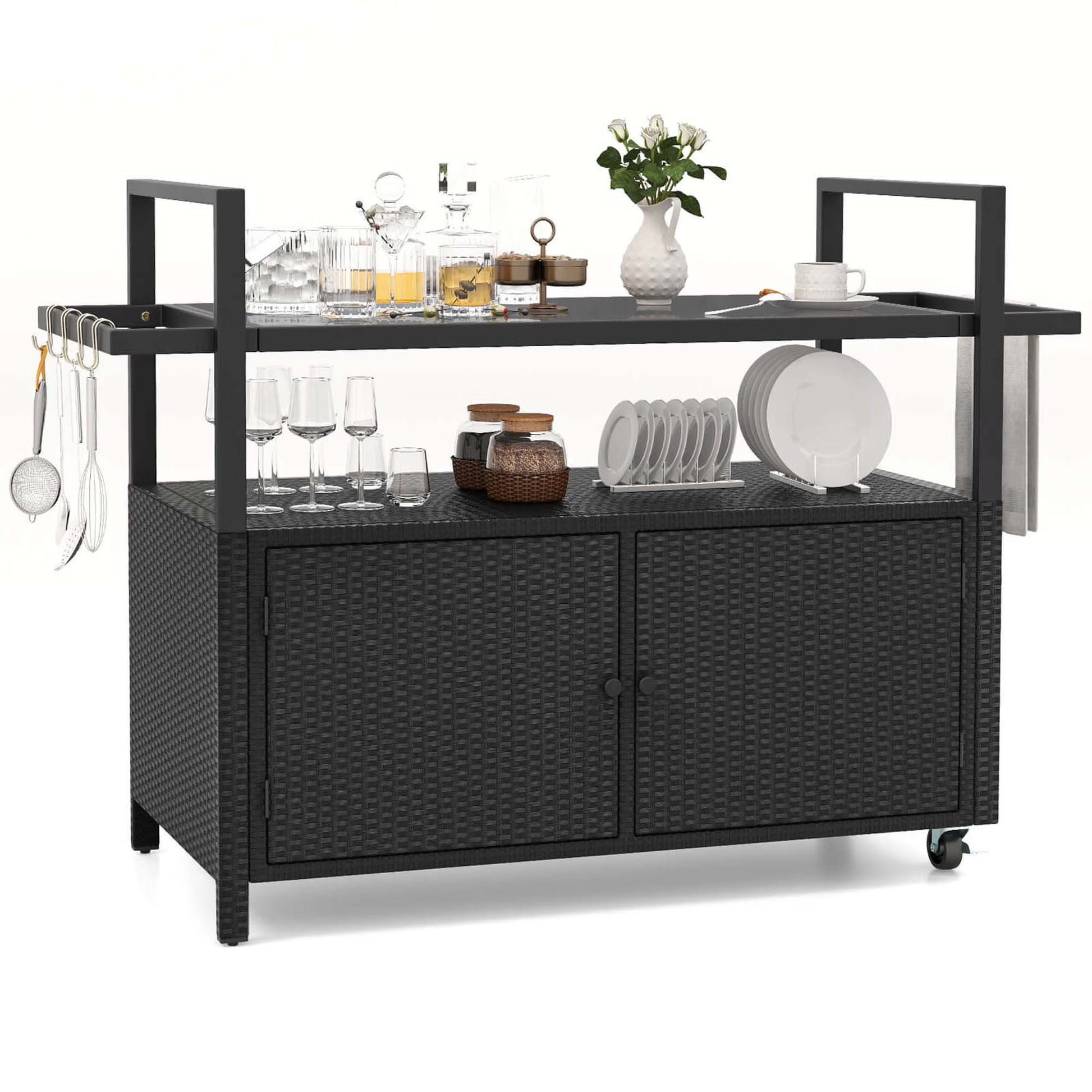 Costway Outdoor Bar Cart with Tempered Glass Top Storage Cabinet & 8 Hooks for Porch