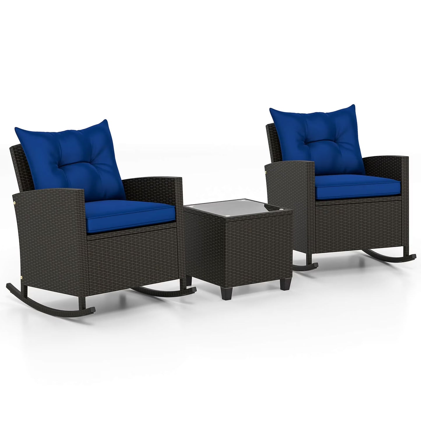 Costway 3 PCS Patio Wicker Rocking Set with Tempered Glass Table & Soft Cushions Outdoor Beige