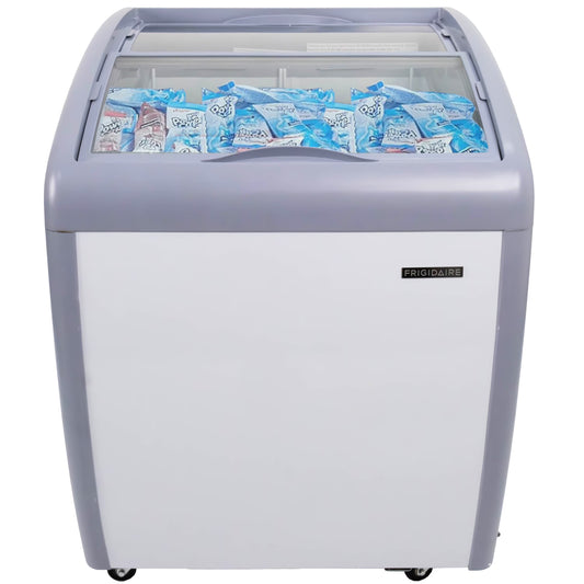 Frigidaire Commercial Chest Freezer for Ice Cream and Frozen Foods, Glass Top Display Storage Case, 4 Cu. Ft. Bin, Rolling Caster Wheels, Adjustable Temperature, Energy Efficient Cooling