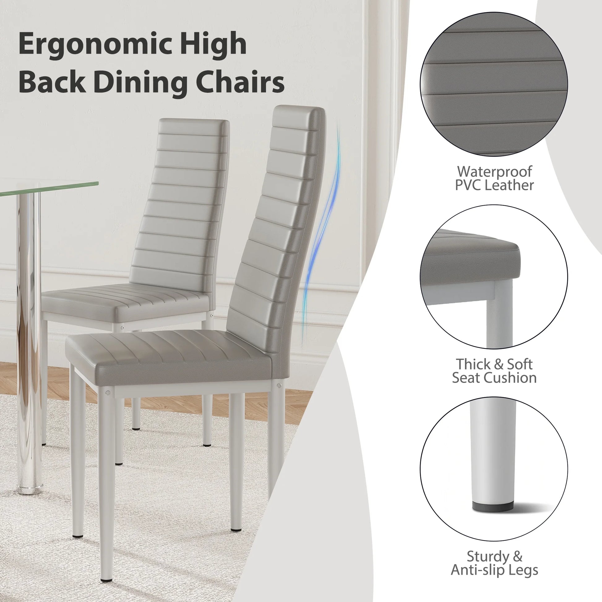 PAPROOS Dining Table Set for 4, Modern Kitchen Table Sets with Tempered Glass Dining Table and 4 PU Leather Chairs, Compact Dining Room Set for Small Space, Home Dinette Set for 4, Gray