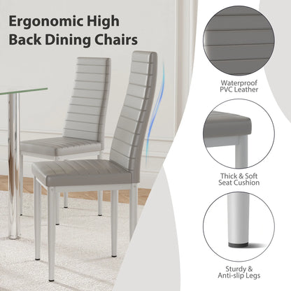 PAPROOS Dining Table Set for 4, Modern Kitchen Table Sets with Tempered Glass Dining Table and 4 PU Leather Chairs, Compact Dining Room Set for Small Space, Home Dinette Set for 4, Gray