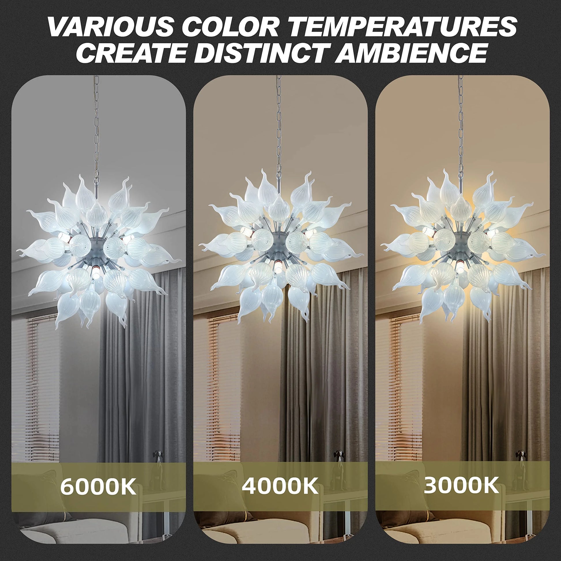 Longree 6-lights Plug in Hand Blown Glass Chandelier Modern Luxury White Flower Bud Glass Art Tall Ceiling Light Hanging Light Fixture for Kitchen, Bedroom, Dining Room, Living Room-LR1466