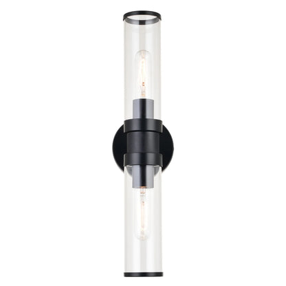 Levitt 2 Light Black Industrial Bathroom Vanity Wall Fixture with Clear Tube Glass