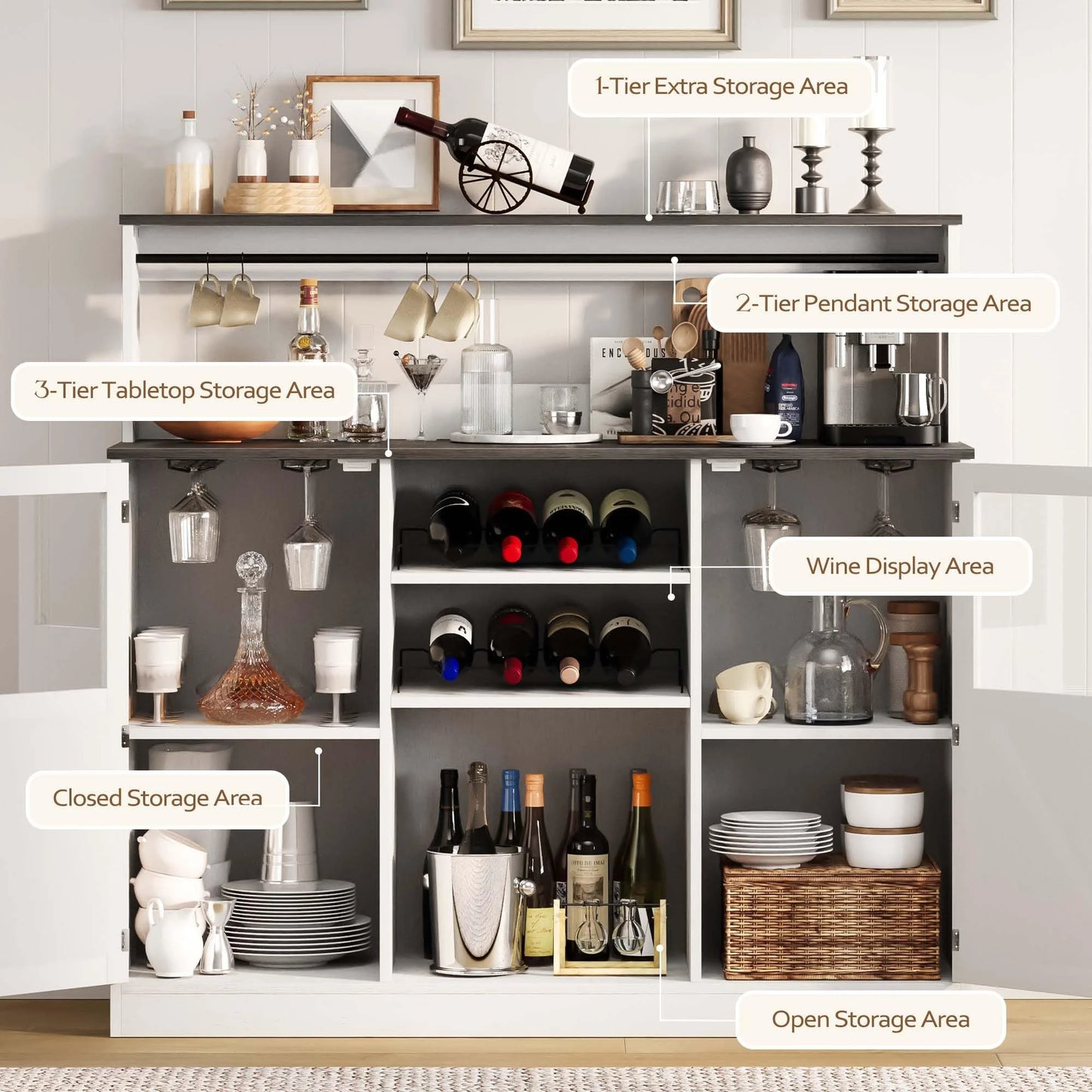Vividwood Buffet Cabinet with Storage, 47'' Farmhouse Coffee Bar Cabinet with Wine Rack and Glass Goblet Holder, Bar Station Wood Kitchen Table for Dining Room, Living Room, White/Brown