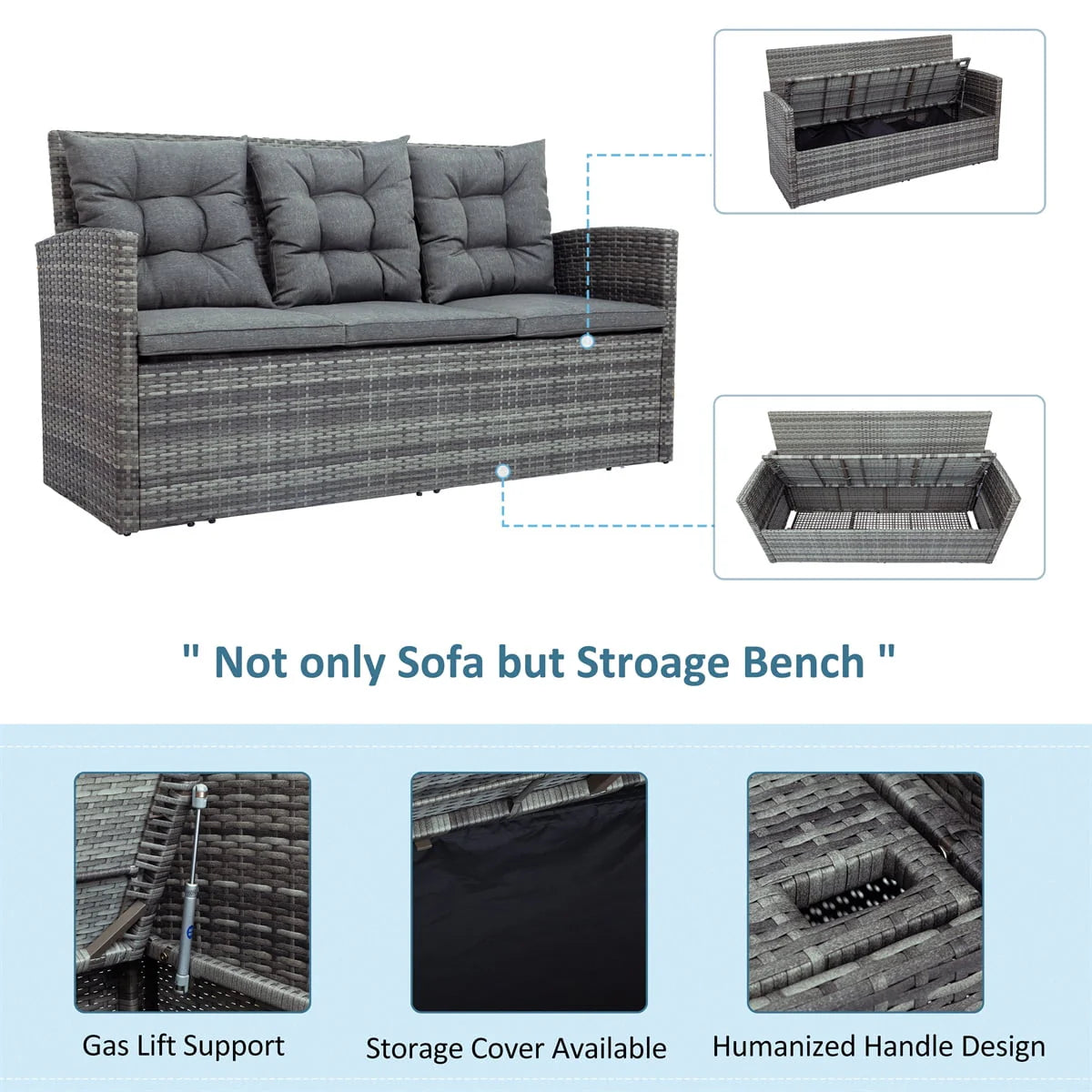5 Piece Patio Furniture Sets, Outdoor Conversation Sets with Glass Coffee Table, Wicker Rattan Sectional Sofa Couch with Storage Bench, Ottomans & Cushions for Garden, Pool, Backyard, Gray