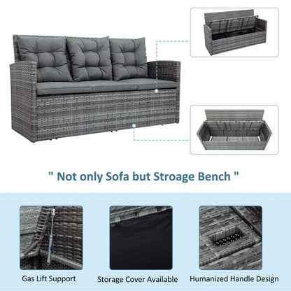 5 Piece Patio Furniture Sets, Outdoor Conversation Sets with Glass Coffee Table, Wicker Rattan Sectional Sofa Couch with Storage Bench, Ottomans & Cushions for Garden, Pool, Backyard, Gray