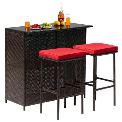 CL.HPAHKL Patio Bar Set, 3 Piece Outdoor Rattan Wicker Furniture Set with Glass Top Table & 2 Cushions Stools for Patios Backyards Porches Gardens Poolside, Khaki