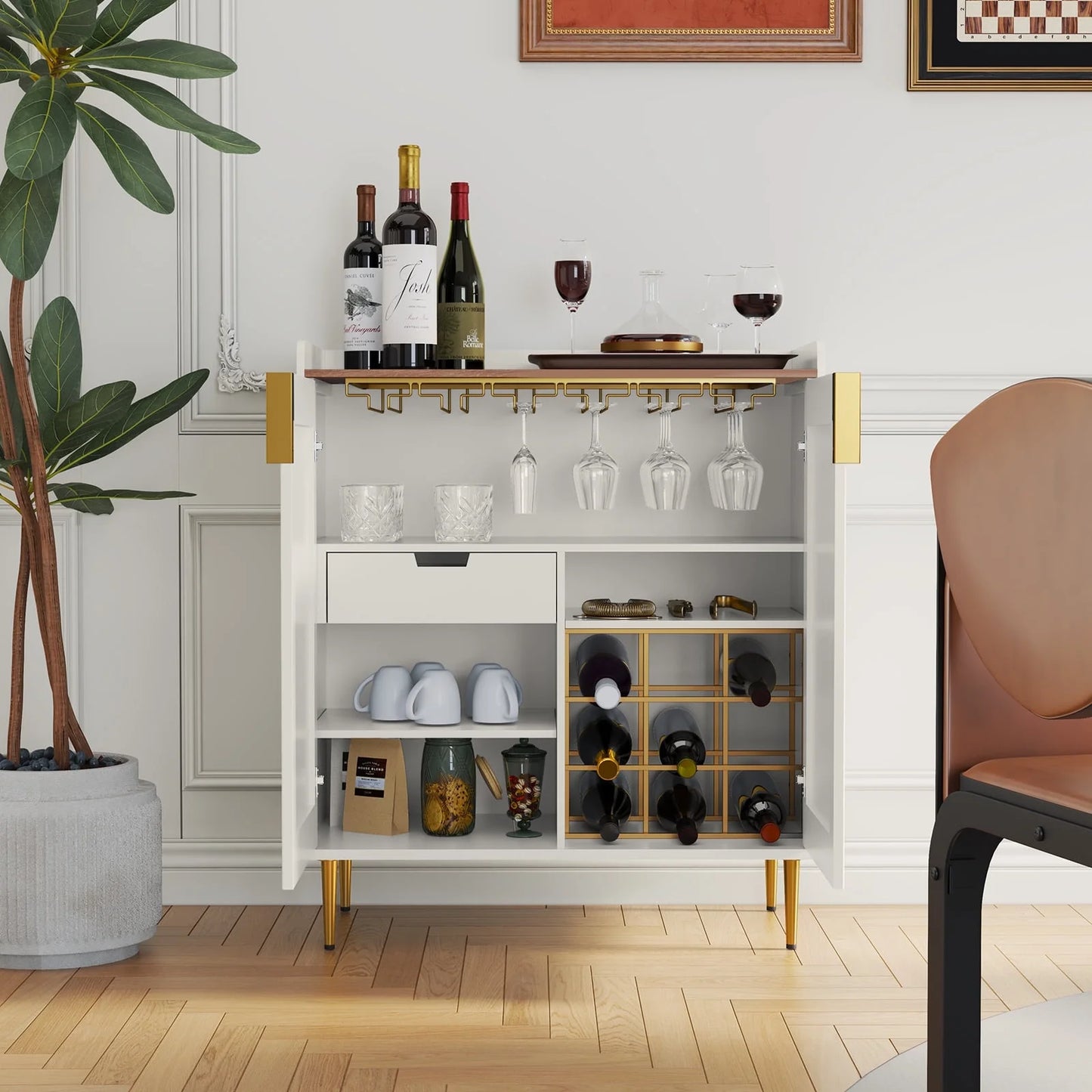 CBJCBJ 32" Wine Bar Cabinet with 2 Door Fluted Texture, Modern Coffee Cabinet with Rack& Glass Holder, Black