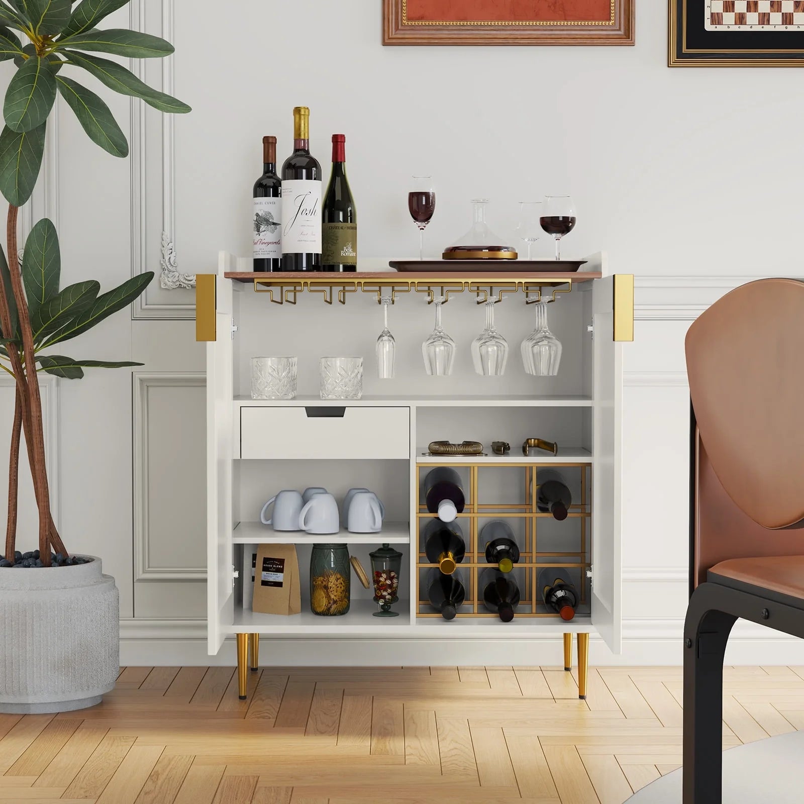 CBJCBJ 32" Wine Bar Cabinet with 2 Door Fluted Texture, Modern Coffee Cabinet with Rack& Glass Holder, Black