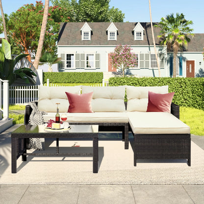 3 Pieces Patio Furniture Set, Outdoor Cushioned Sectional Sofa Set with Two-Seater Sofa, Lounge Sofa, Glass Coffee Table, PE Wicker Conversation Set for Backyard, Balcony, Poolside, Deck, D6027