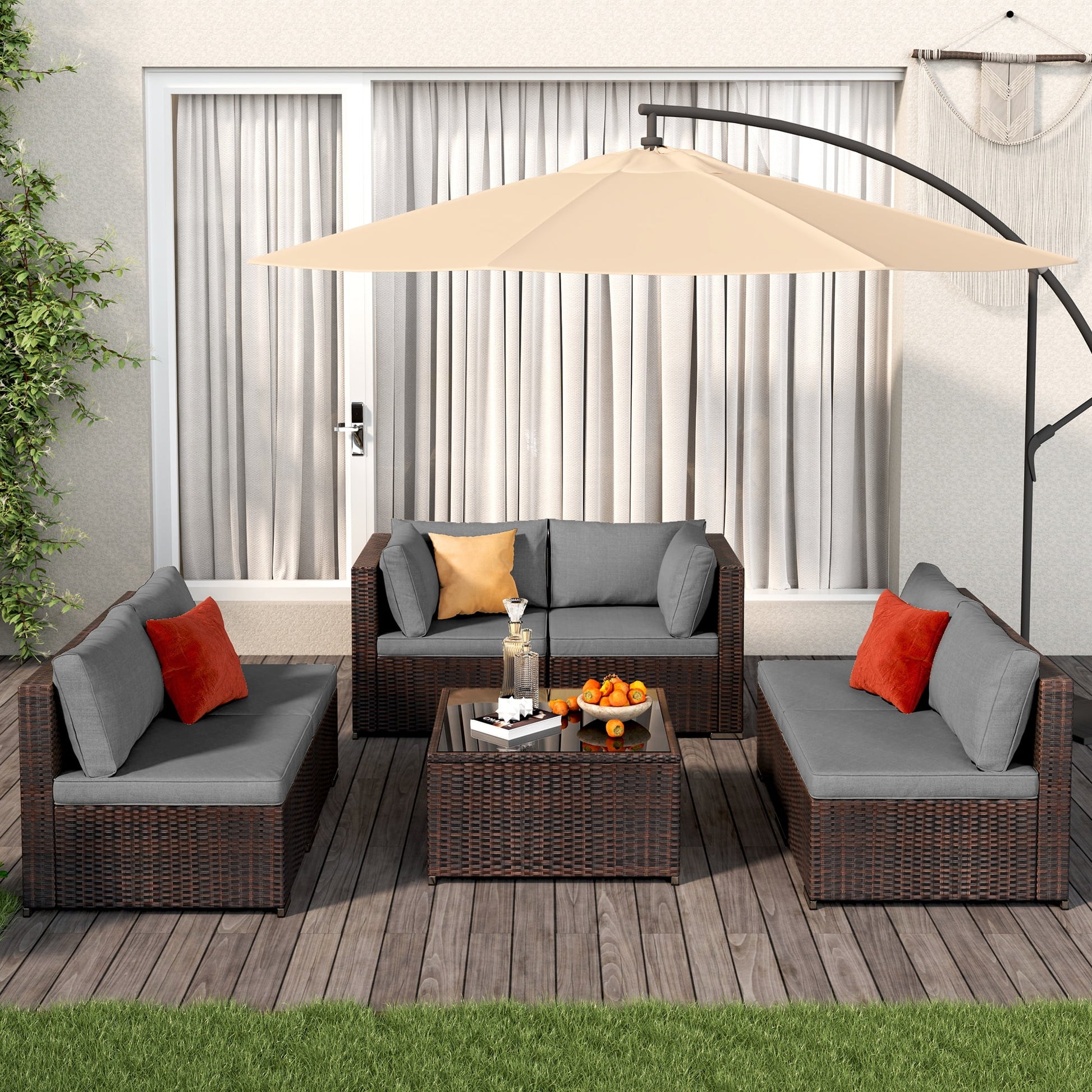 Patio Furniture Set on Sale, Lofka 7-Piece Outdoor Sectional Furniture Set with Glass Coffee Table Garden, Gray