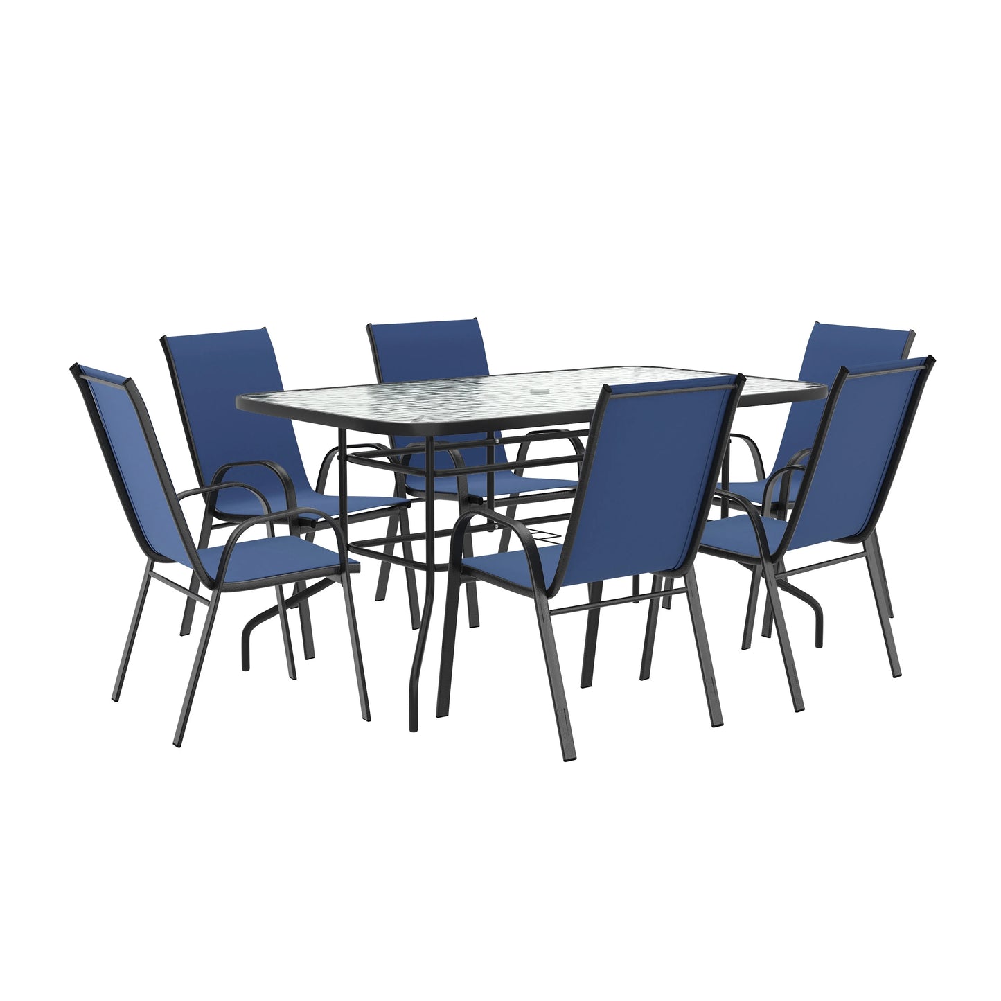 Flash Furniture 7 Piece Outdoor Patio Dining Set - 55" Tempered Glass Patio Table with Umbrella Hole, 6 Navy Flex Comfort Stack Chairs