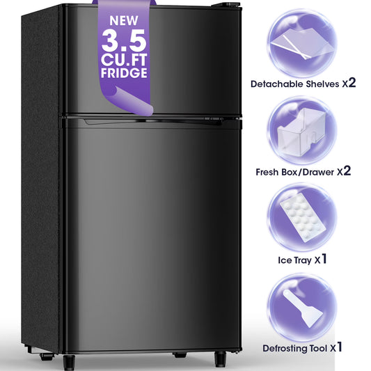 Manastin 3.5 Cu.ft Mini Fridge with Freezer, Adjustable Thermostat, Low Noise, Removable Glass Shelves, 2 Door Small Refrigerator for Kitchen, Office, Bedroom,Black