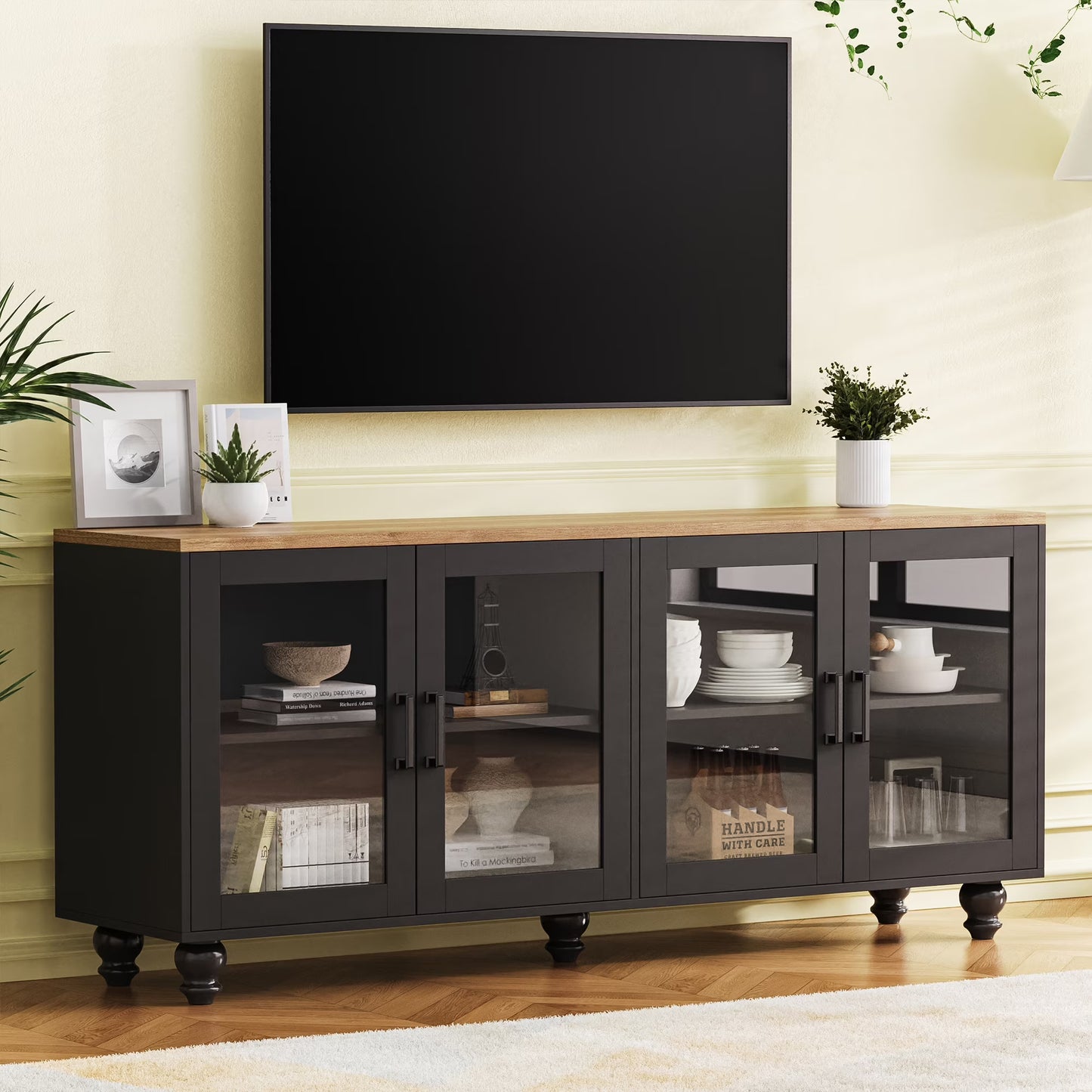 Euroco 110" Entertainment Center Wall Unit Set with Glass Display Cabinets, Adjustable Shelves & Vintage TV Stand for TVs up to 85", Farmhouse Style Media Console with Storage, Gourd Legs