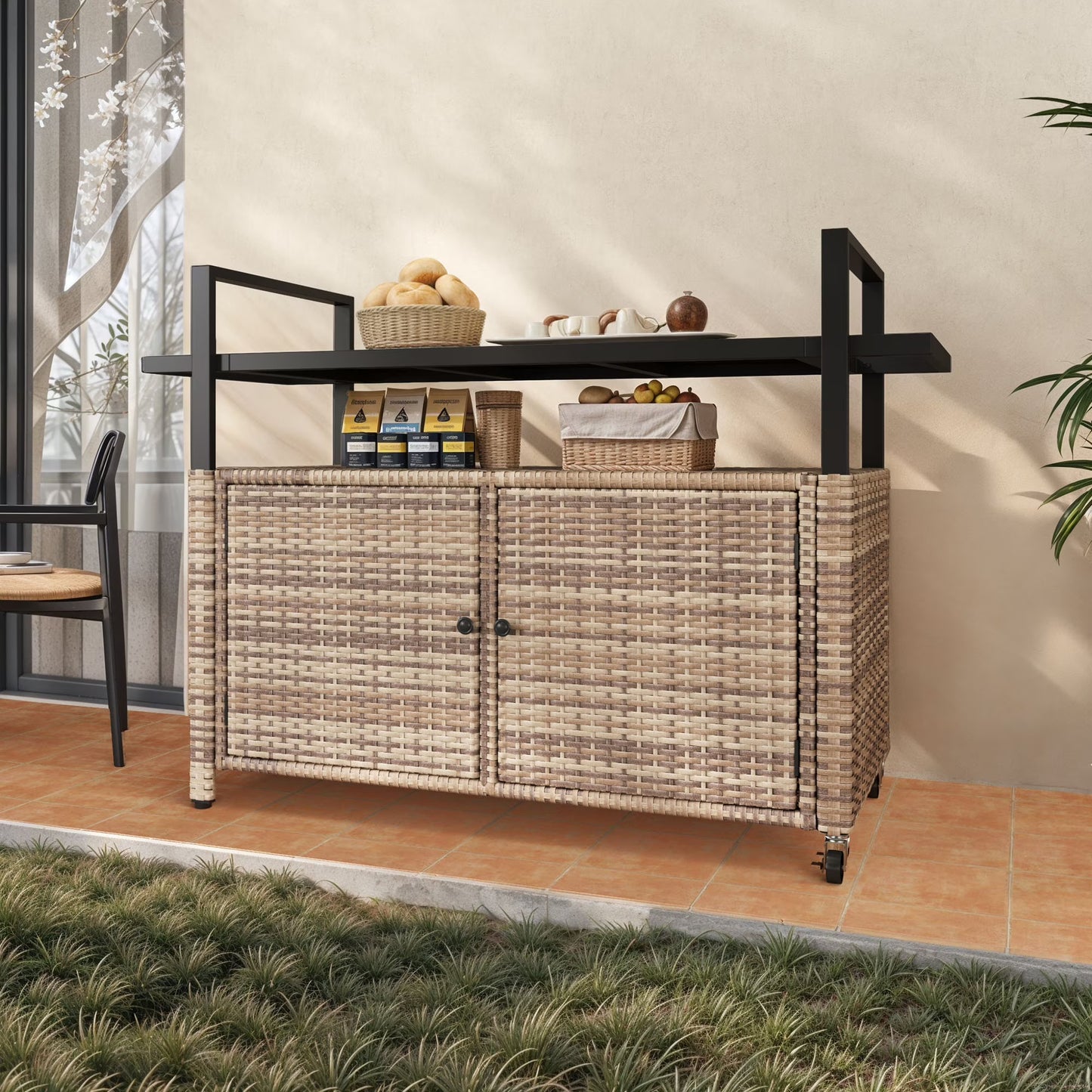 Dextrus Large Outdoor Storage Cabinet, 70 Gallon Outdoor Storage Cart with Movable Wheels & Black Glass Table Top,for Patio Garden,Gray