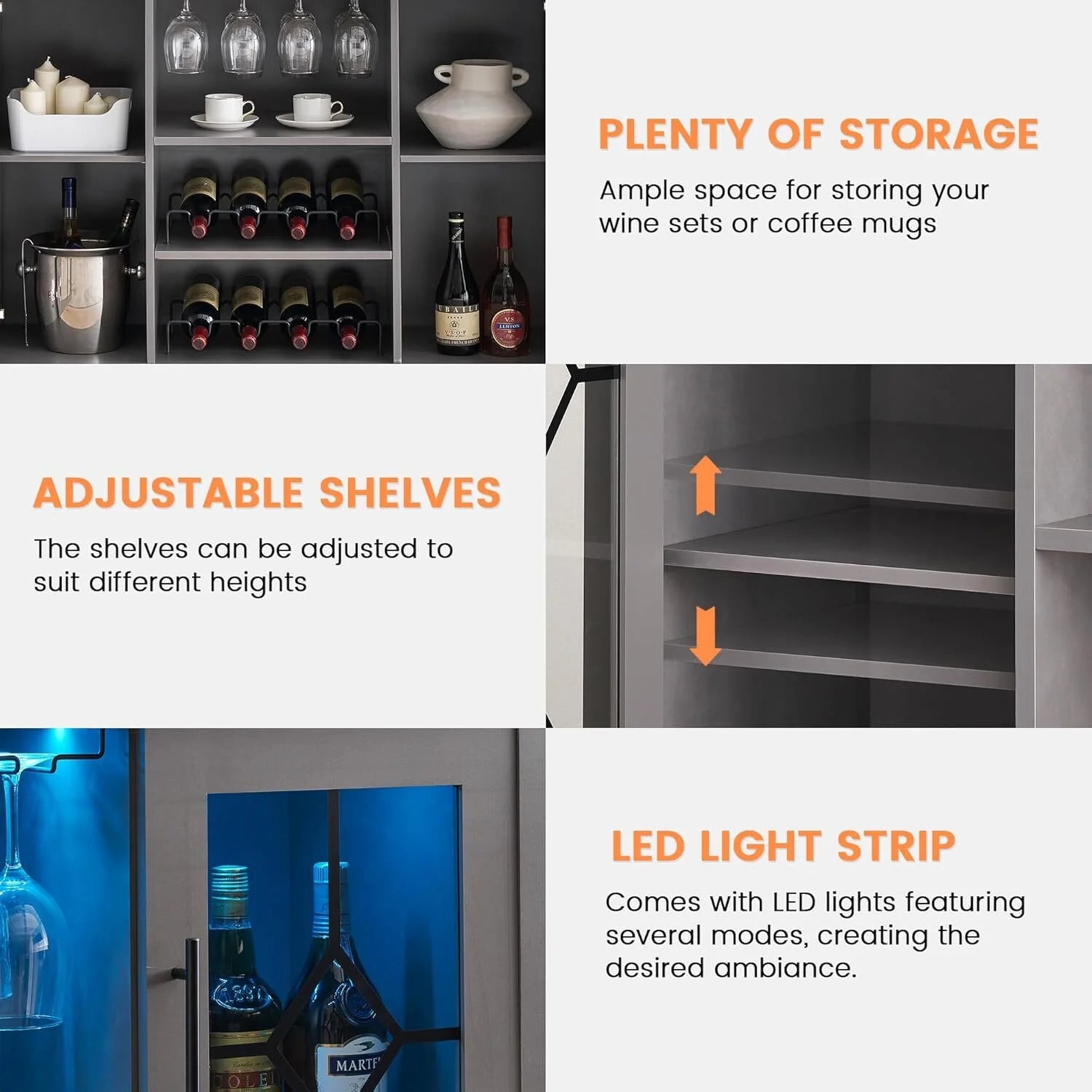 FOLDLIFE Wine Bar Cabinet with LED Lights, Liquor Cabinet Bar with Storage Cabinet, Coffee Cabinet with Bottles and Glass Rack, Buffet Sideboard with Storage Cabinet& Drawers,Dark Grey