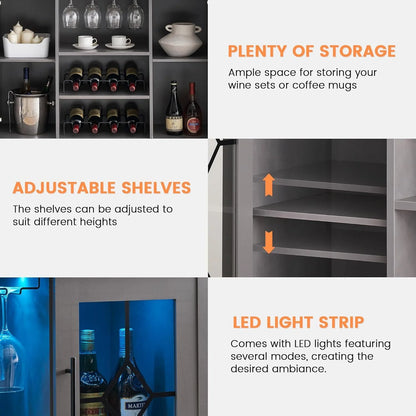 FOLDLIFE Wine Bar Cabinet with LED Lights, Liquor Cabinet Bar with Storage Cabinet, Coffee Cabinet with Bottles and Glass Rack, Buffet Sideboard with Storage Cabinet& Drawers,Dark Grey