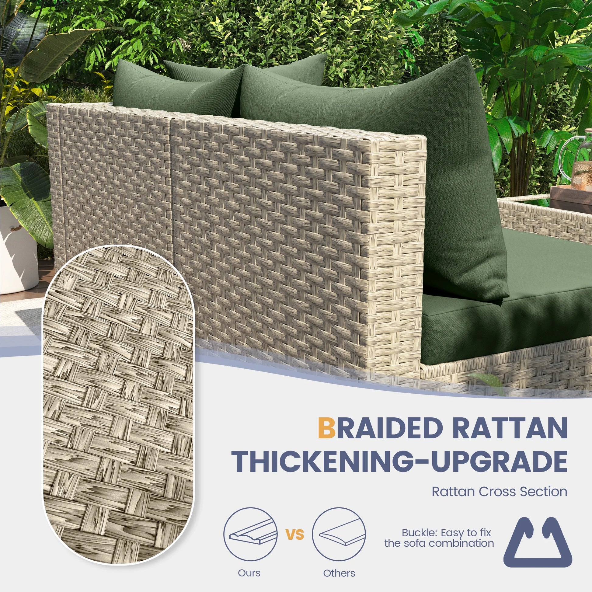 Techmilly 5 Pieces Patio Sectional Sofa PE Rattan Wicker Conversation Sets with Cushions and Glass Table(Green)