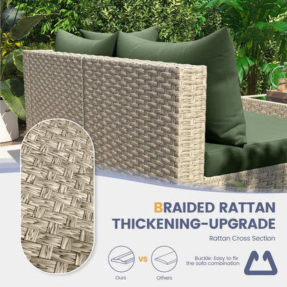 Techmilly 5 Pieces Patio Sectional Sofa PE Rattan Wicker Conversation Sets with Cushions and Glass Table(Green)