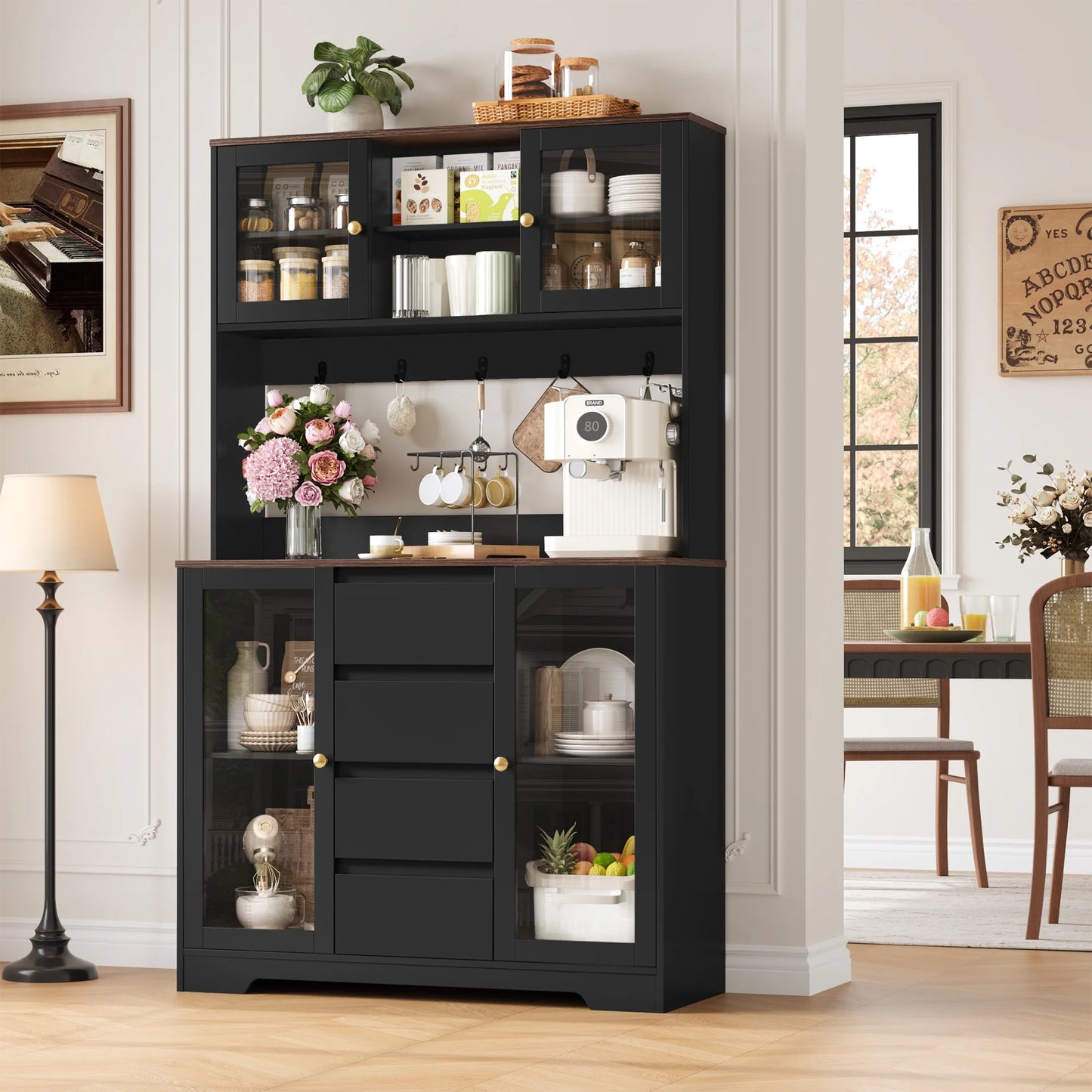 Homfa 71'' Pantry Hutch with Cabinet & Drawers for Kitchen, Glass Doors Storage Cabinet with Adjustable Shelves for Dining Room, Black
