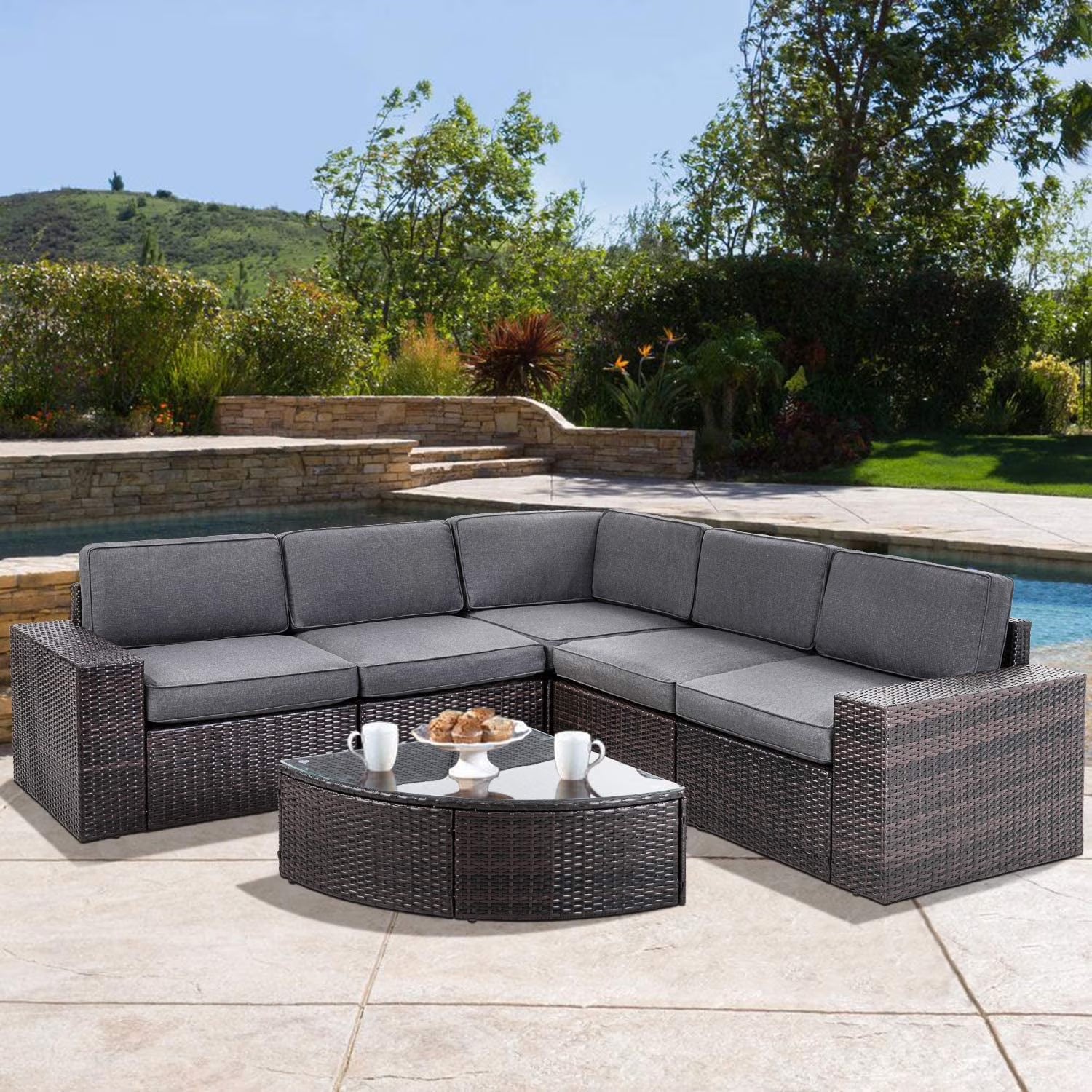 SOLAURA 6-Piece Patio Furniture Outdoor Conversation Set Patio All-Weather Wicker Sectional Sofa with Glass Coffee Table and Brown Cushions
