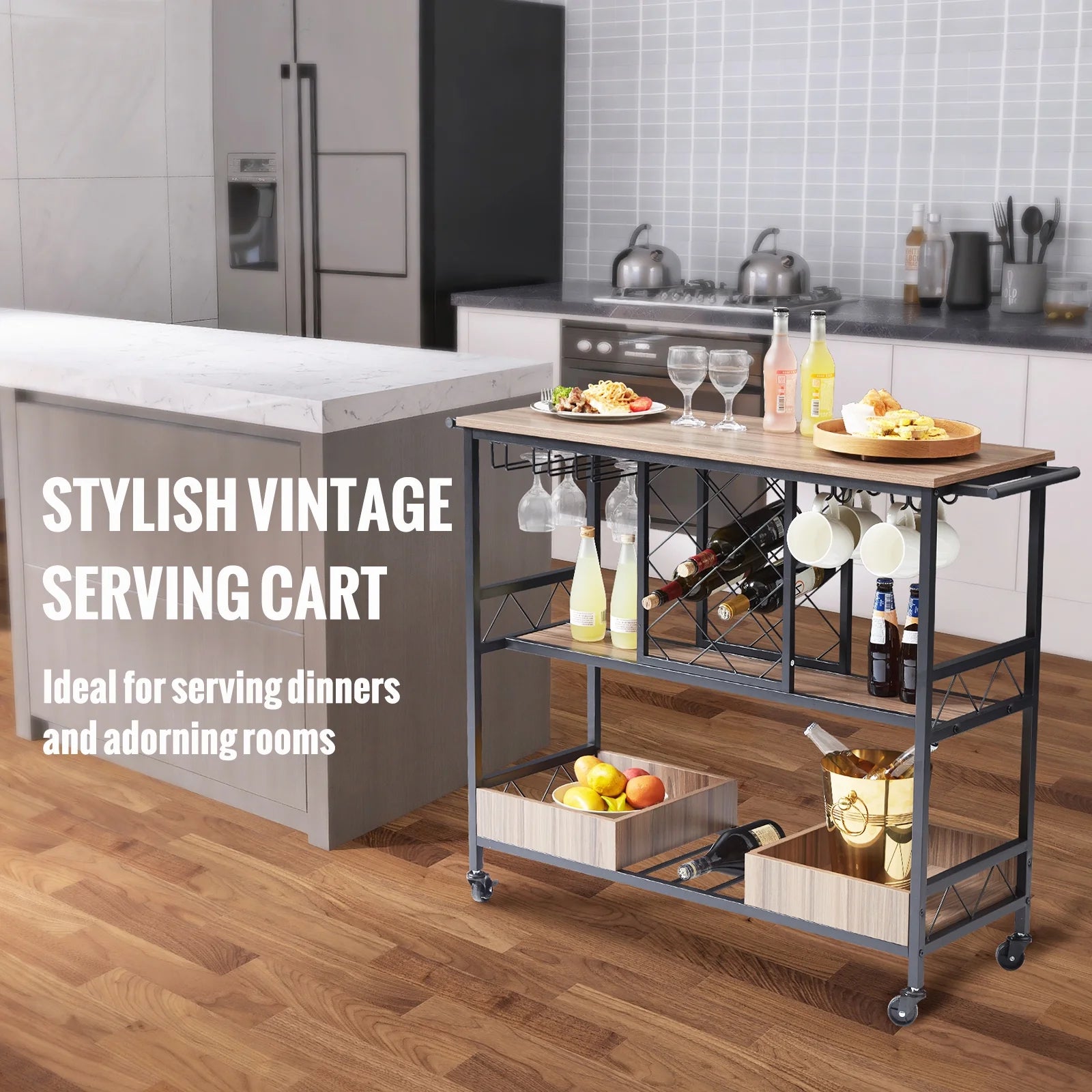 KFFKFF with Wine Grid Glass Holder 300lbs 3-Tier Bar Serving Cart Rolling Trolley