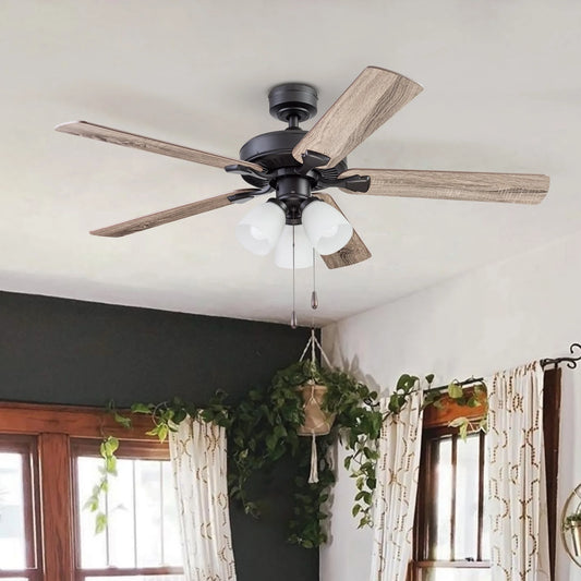 Prominence Home Stannor 52" Bronze Ceiling Fan with 5 Blades, Frosted Glass Light Kit, Pull Chains & Reverse Airflow