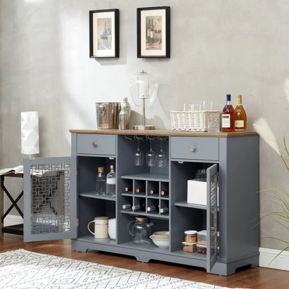Tcbosik Farmhouse Buffet Cabinet, 56.4" Sideboard Cabinet w/2 Drawers and 2 Glass Doors, Coffee Bar Cabinet with Glass Cup Holder and 8-Slot Wine Rack for Dining Room Living Room, Light Blue