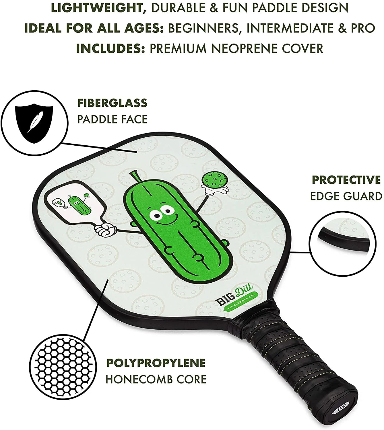 Big Dill Pickleball Co. Infinity Fiberglass Pickleball Paddles Set of 2 Paddles with Covers, 2 Pickleballs & Bag — Top-Rated Pickleball Set