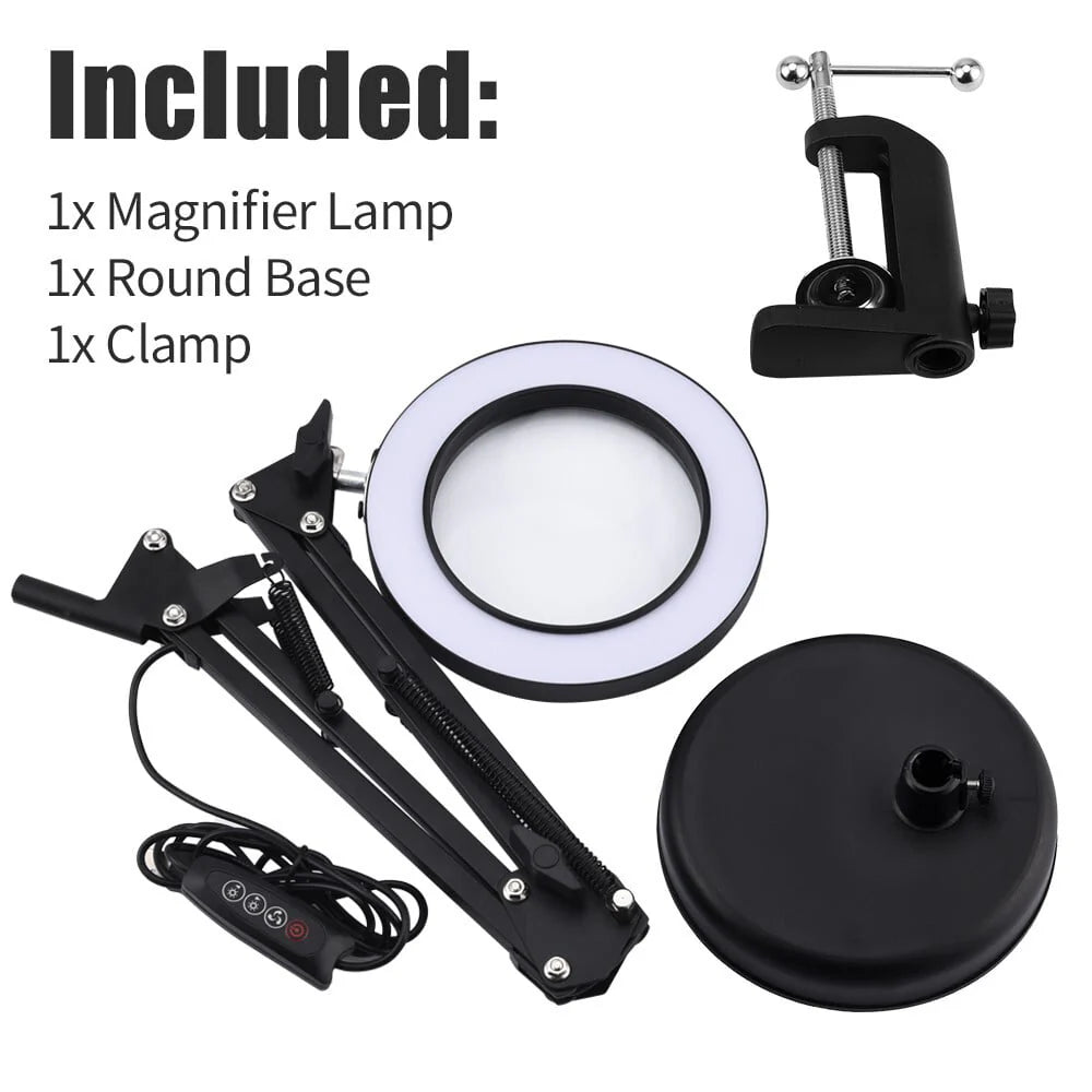10X LED Magnifying Glass with Light, Stepless Dimmable, 3 Color Modes, Real Glass Lens Magnifying Lamp with Light Desk Lamp Clamp for Crafts, Reading, Close Work - Black