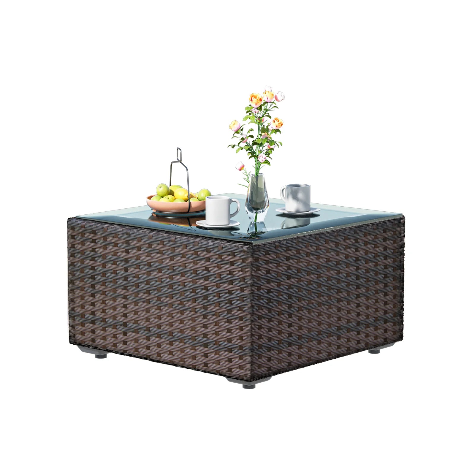 Grezone 15 Pieces Patio Furniture Set with Fire Pit Table, All Weather Outdoor Sectional PE Rattan, Patio Conversation Sets Cushions & Black-glass Coffee Table for Garden Lawn Balcony Porch Deck, Red