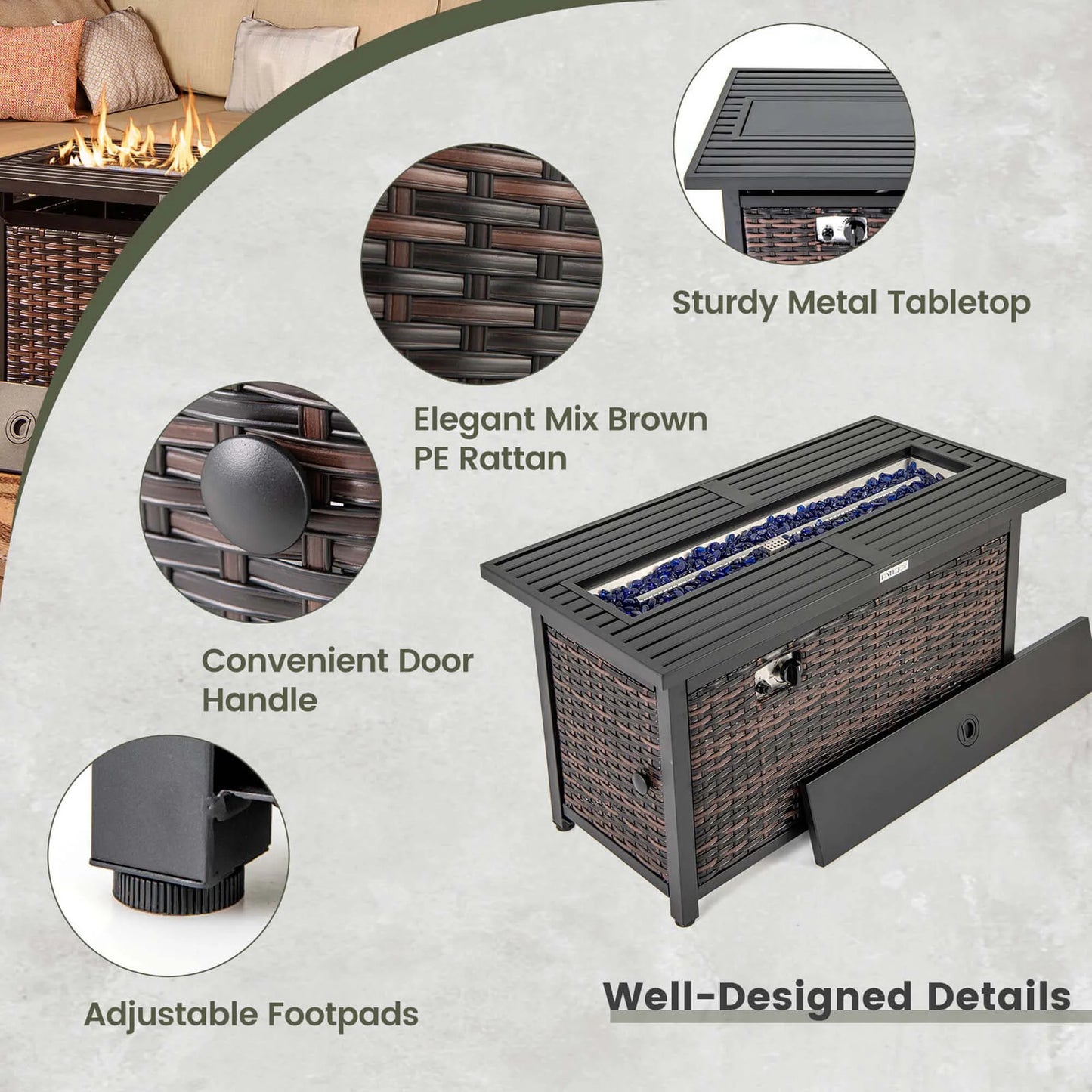 Costway 45" Propane Rattan Firepit Table with Glass Stones & Protective Cover Metal Frame