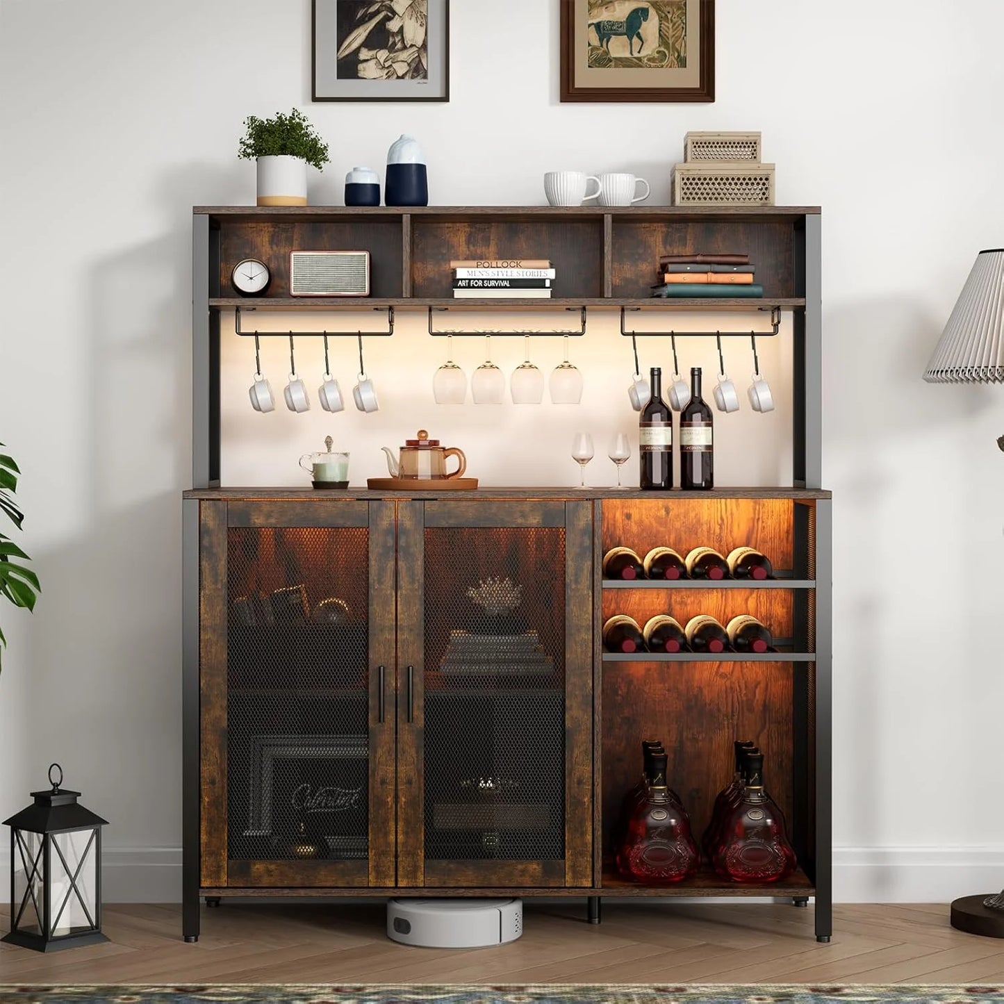 Wine Bar Cabinet with LED Lights, Rustic Brown Industrial Coffee Bar Station with Wine Rack, Glass Holder & 3 Storage Compartments, Liquor Buffet Sideboard for Kitchen & Dining Room
