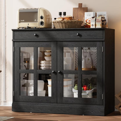 35.4" Sideboard Buffet Cabinets with Storage, Kitchen Coffee Bar Cabinet with Glass Door, Modern Sideboard Buffet with Drawer, White Sideboard Cabine for Living Room, Dining Room, Kitchen