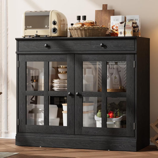 35.4" Sideboard Buffet Cabinets with Storage, Kitchen Coffee Bar Cabinet with Glass Door, Modern Sideboard Buffet with Drawer, White Sideboard Cabine for Living Room, Dining Room, Kitchen