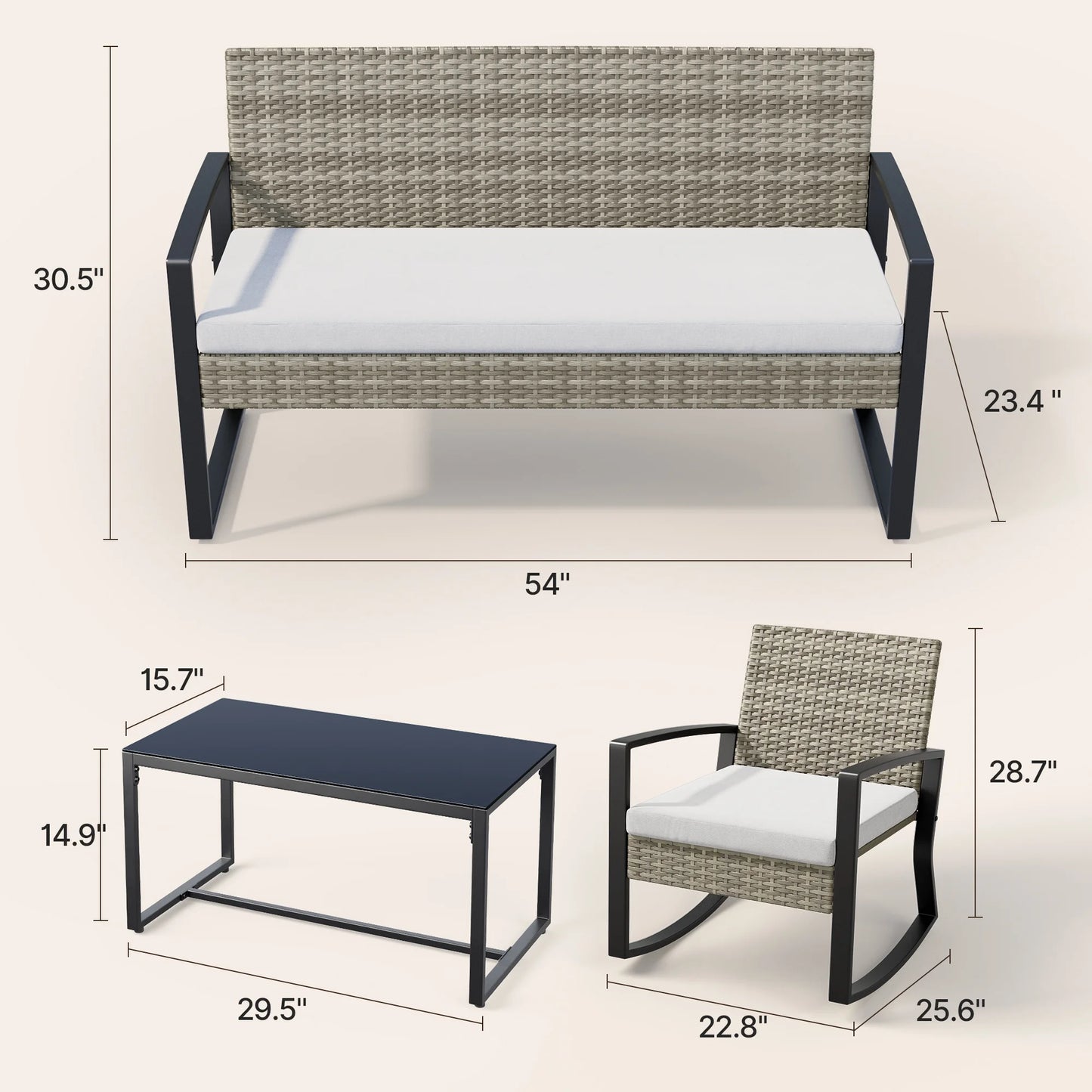 Patio Furniture Set for 4,Lofka 4 Pieces Patio Comversation Set with Outdoor Rocking Chairs,Rattan Loveseat,Glass Bistro Coffee Table,Removable Cushion for Backyard Balcony Lawn Pool,Gray