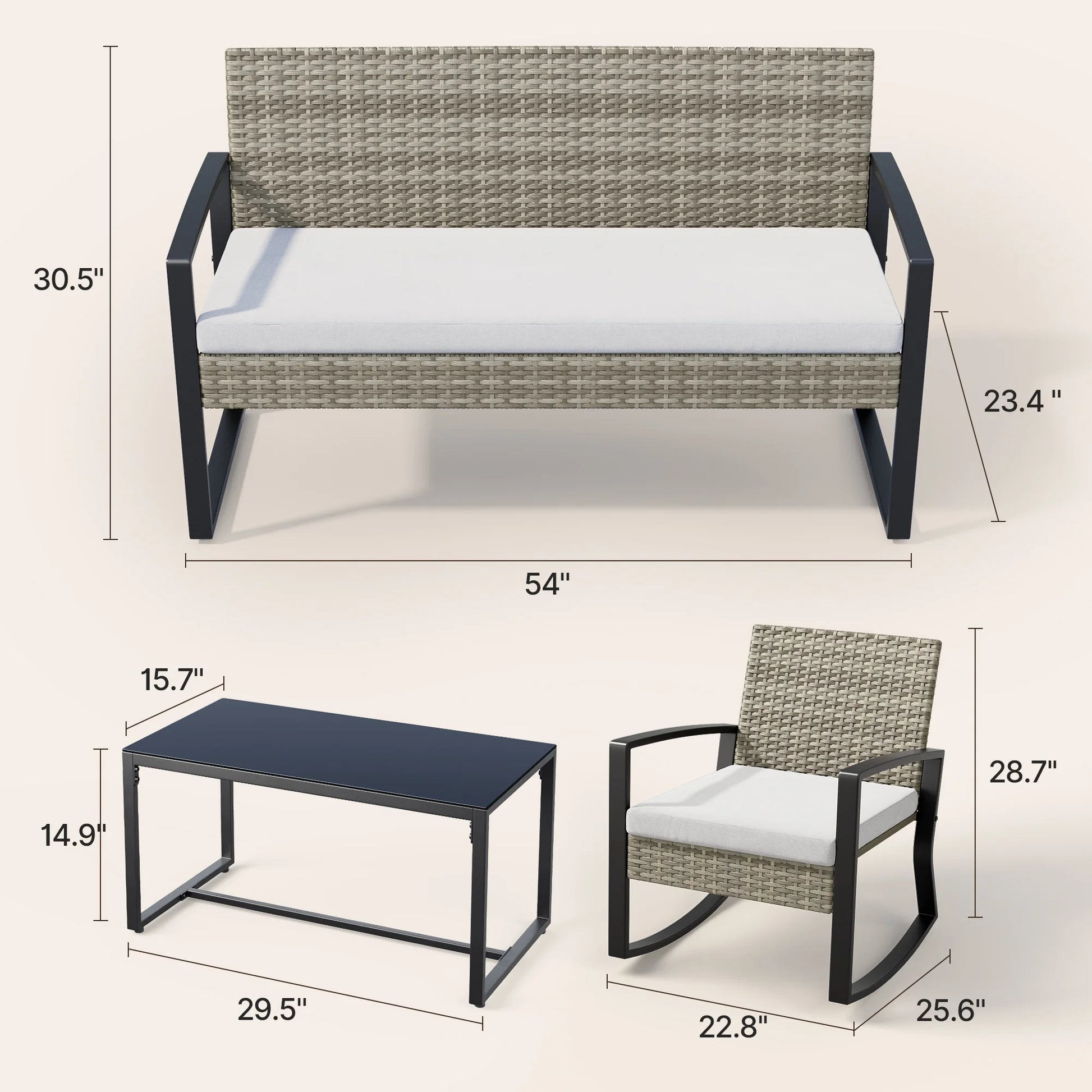 Patio Furniture Set for 4,Lofka 4 Pieces Patio Comversation Set with Outdoor Rocking Chairs,Rattan Loveseat,Glass Bistro Coffee Table,Removable Cushion for Backyard Balcony Lawn Pool,Gray