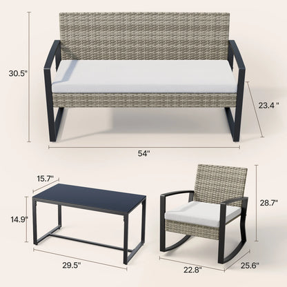 Patio Furniture Set for 4,Lofka 4 Pieces Patio Comversation Set with Outdoor Rocking Chairs,Rattan Loveseat,Glass Bistro Coffee Table,Removable Cushion for Backyard Balcony Lawn Pool,Gray