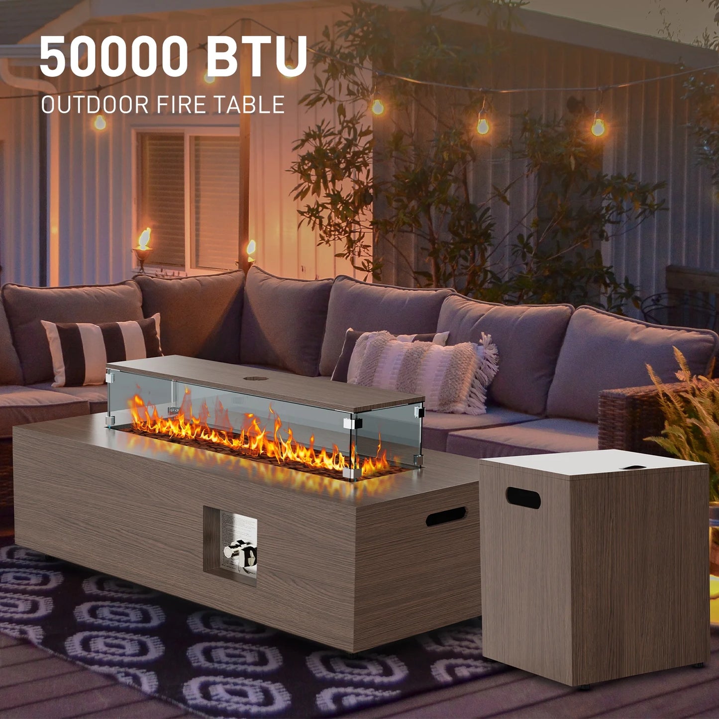 WFUN 43" Outdoor Propane Fire Pit Table with Glass Wind Guard & Cover for Garden, Pool, Backyard, CSA certification, Brown