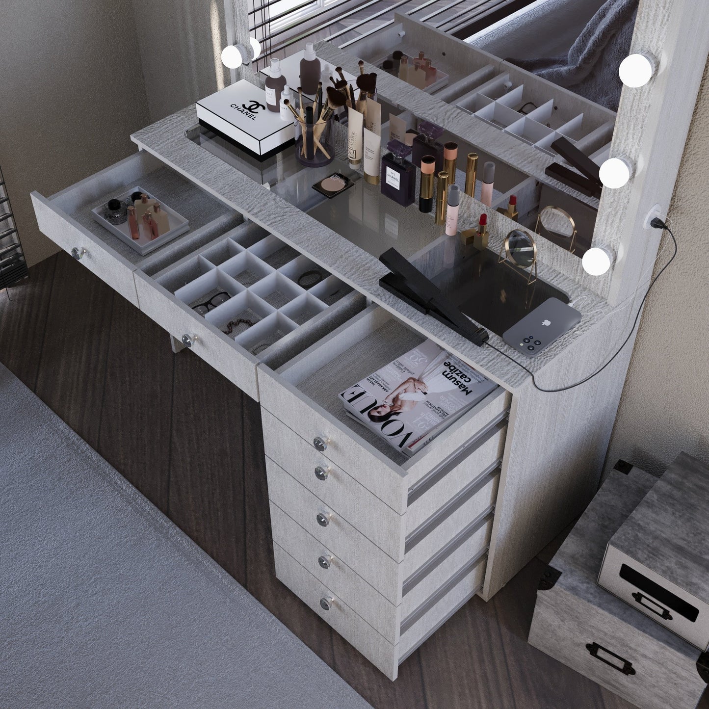Ember Interiors Modern Large Greige Makeup Vanity Desk with Built-in Lights, Power Outlet with USB Type-C, Glass Top, 7 Drawers and Crystal Knobs