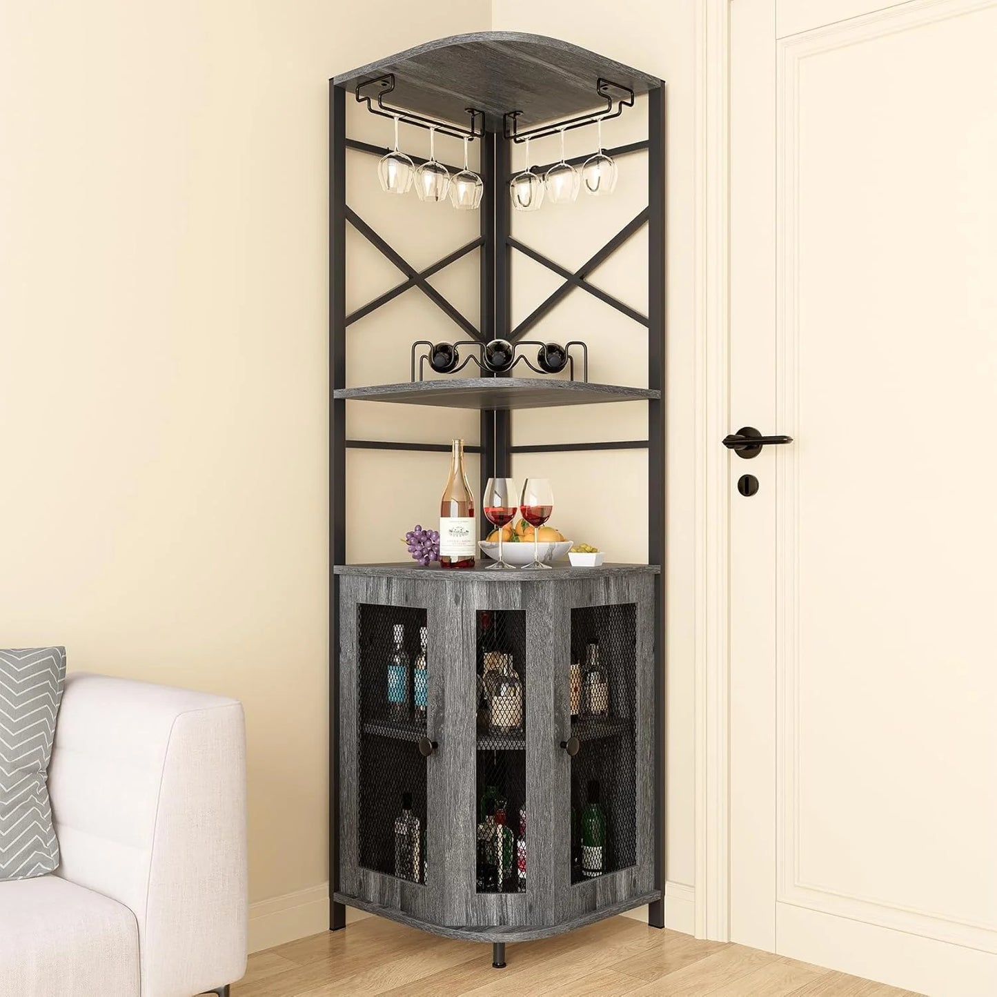 Frmobepts 6 Tier Corner Bar Cabinet with Glass Holder, Storage Cabinet with Door and Shelves , Corner Shelf with Wine Rack Display Shelves,Grey