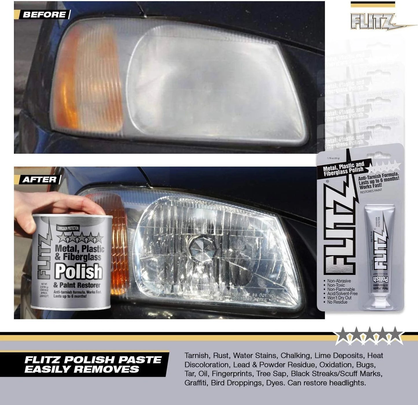 Flitz Multi-Purpose Polish and Cleaner Paste for Metal, Plastic, Fiberglass, Aluminum, Jewelry, Sterling Silver: Great for Headlight Restoration + Rust Remover, Made in the USA