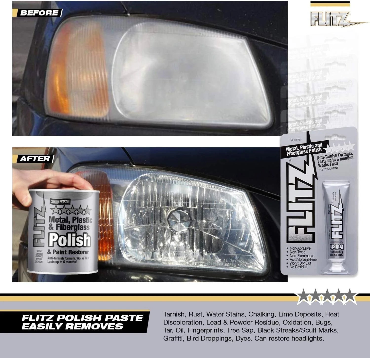 Flitz Multi-Purpose Polish and Cleaner Paste for Metal, Plastic, Fiberglass, Aluminum, Jewelry, Sterling Silver: Great for Headlight Restoration + Rust Remover, Made in the USA