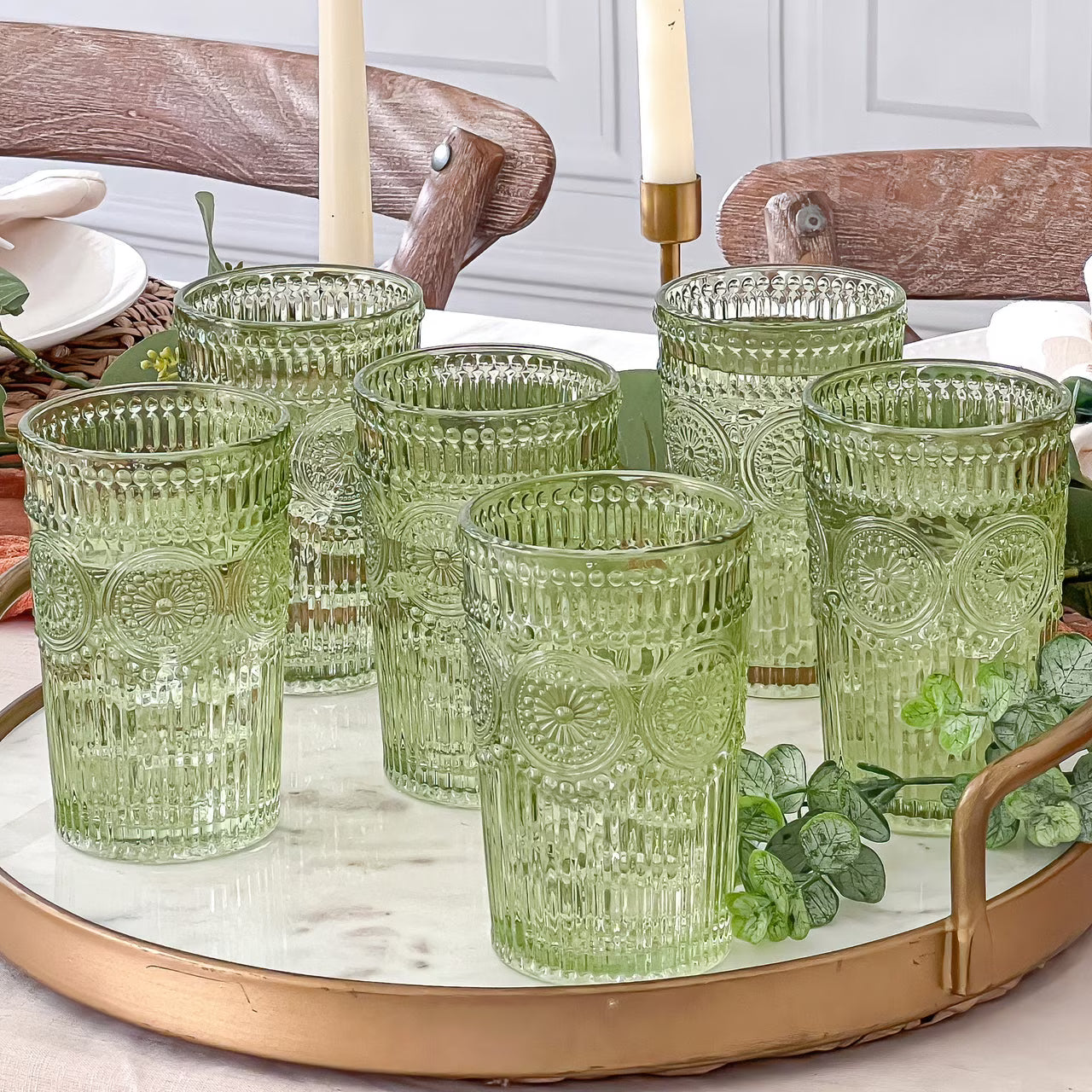 Vintage Textured Amber Striped Drinking Glasses Set of 24, (13 oz) Ribbed Glassware with Flower Design | Cocktail Set, Juice Glass, Water Tumbler